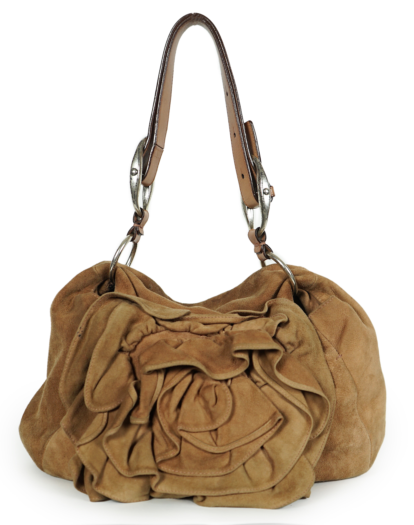 A Yves Saint Laurent rive gauche camel/ sand-brown sueded leather Nadja Rose Petal shoulder bag, designed by Tom Ford, width 36cm, height 33cm, depth 5cm